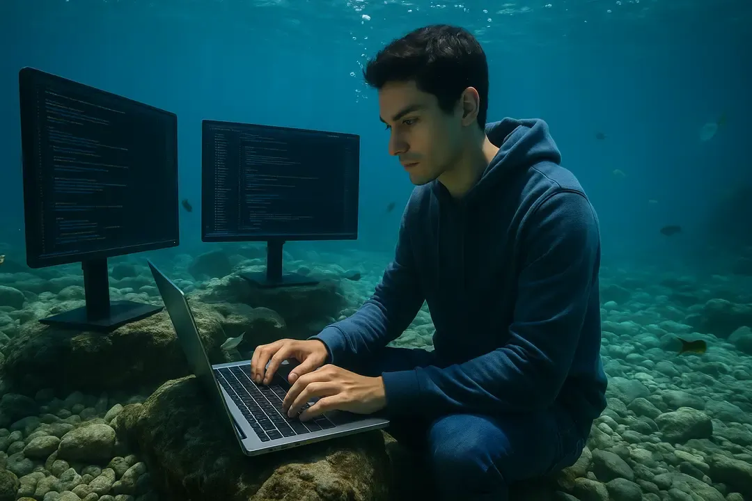 Sebastian Pizarro programando en agua
